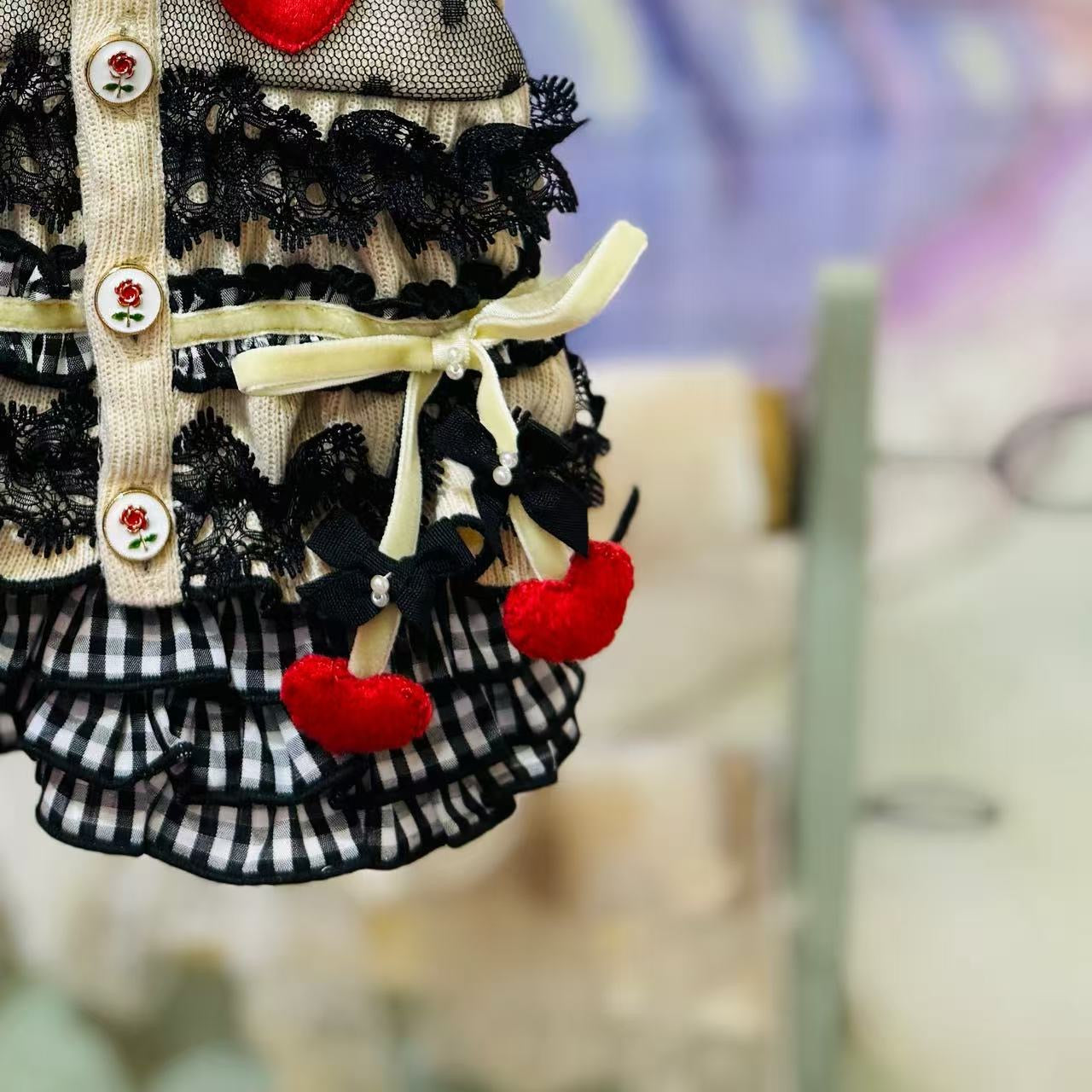 Elsamilu Mocha Black Ruffle Pet Dress – Heart & Cherry Design Outfit for Small Dogs & Cats