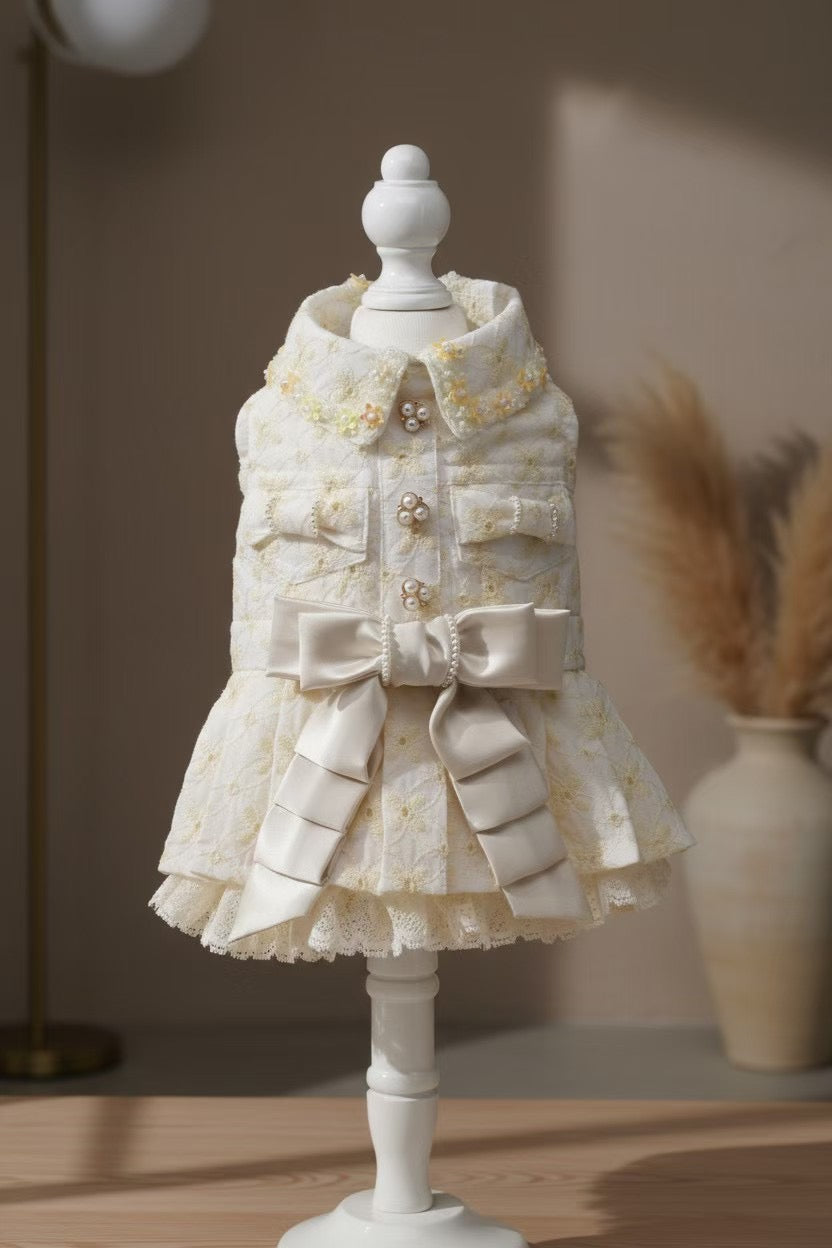 Elsamilu Elegant Tweed Pet Dress with Pearl Bow – Classic Winter Outfit for Small Dogs & Cats