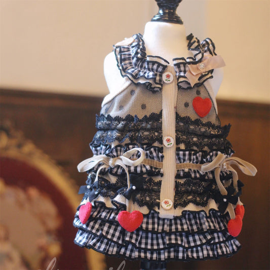 Elsamilu Mocha Black Ruffle Pet Dress – Heart & Cherry Design Outfit for Small Dogs & Cats