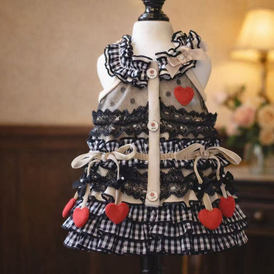 Elsamilu Mocha Black Ruffle Pet Dress – Heart & Cherry Design Outfit for Small Dogs & Cats