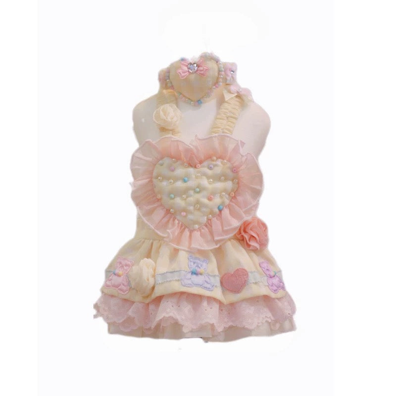 Elsamilu Lovely Heart Romantic Pet Dress Set β Beige Lace Outfit with Necklace for Small Dogs & Cats