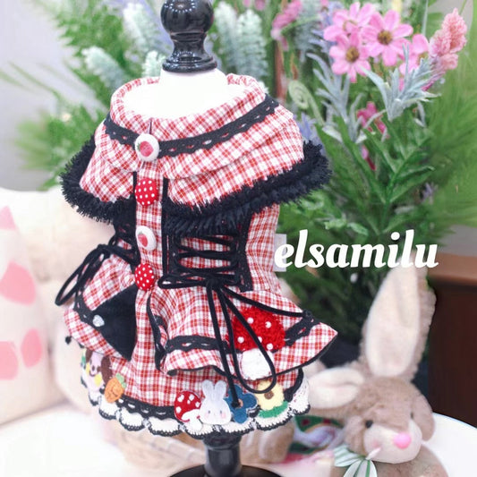 Fairy Tale Red Plaid Pet Coat Dress – Checkered Winter Outfit for Small Dogs & Cats