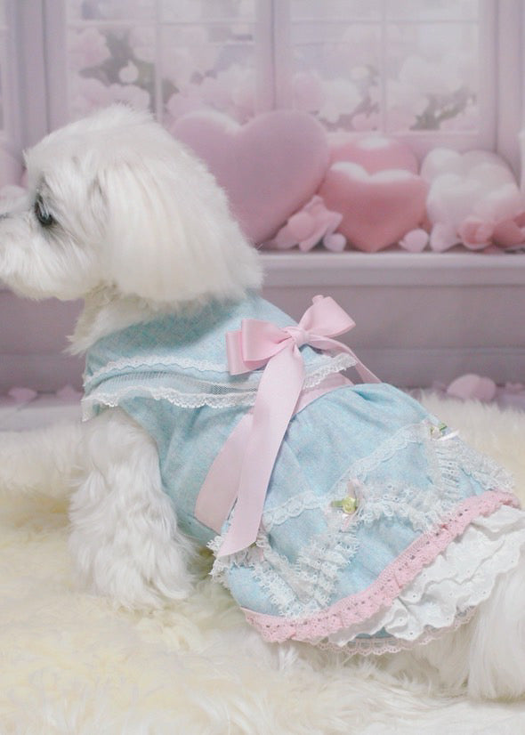 Elsamilu Romantic Blue Lace Bow Pet Dress – Elegant Outfit for Small Dogs & Cats