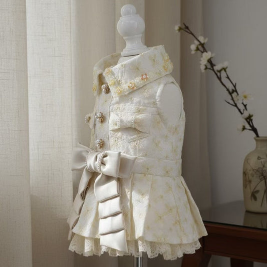 Elsamilu Elegant Tweed Pet Dress with Pearl Bow – Classic Winter Outfit for Small Dogs & Cats