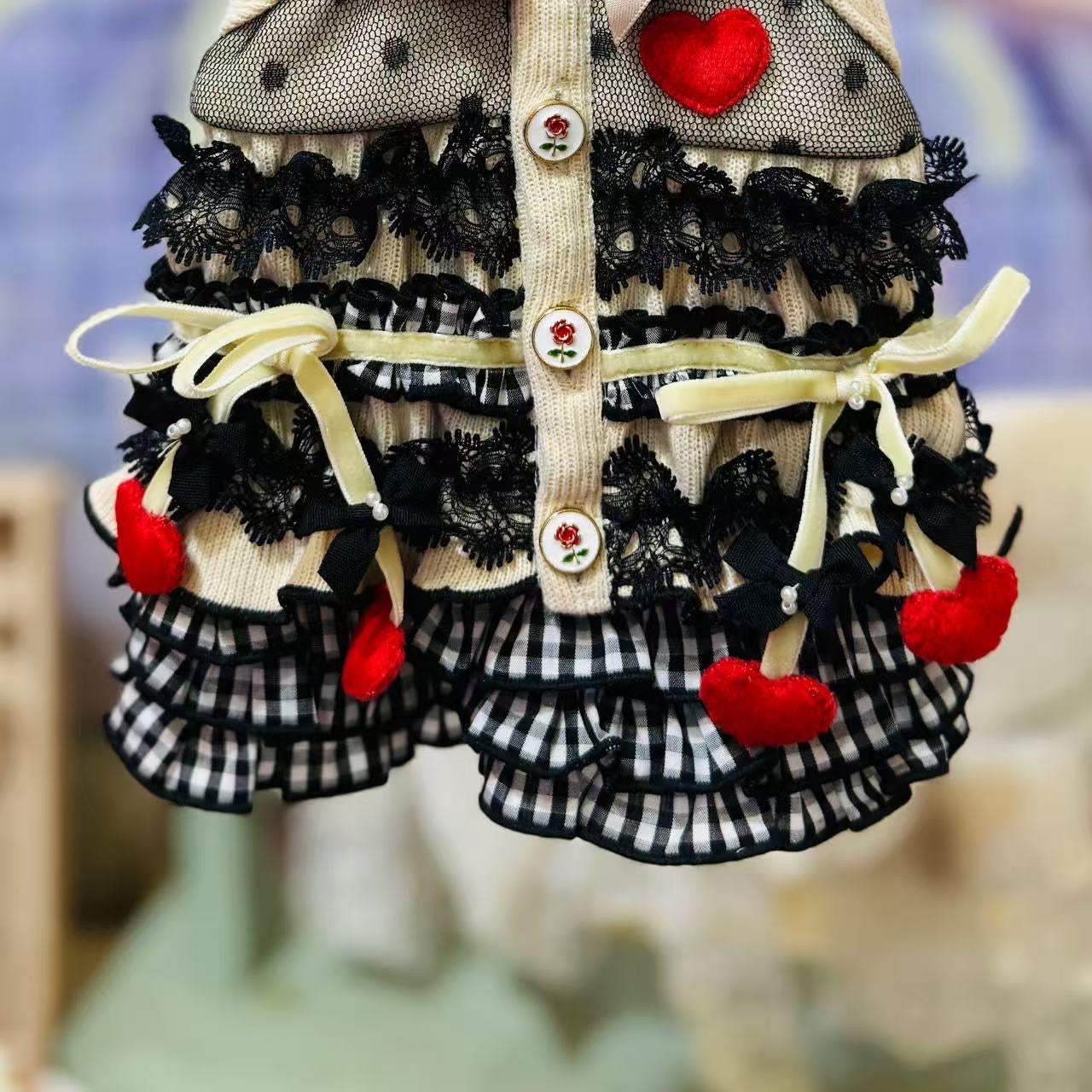 Elsamilu Mocha Black Ruffle Pet Dress – Heart & Cherry Design Outfit for Small Dogs & Cats
