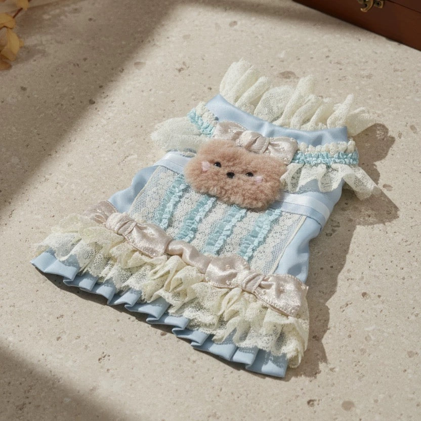 Elsamilu Lovely Bear Romantic Pet Dress – Blue Lace Outfit for Small Dogs & Cats