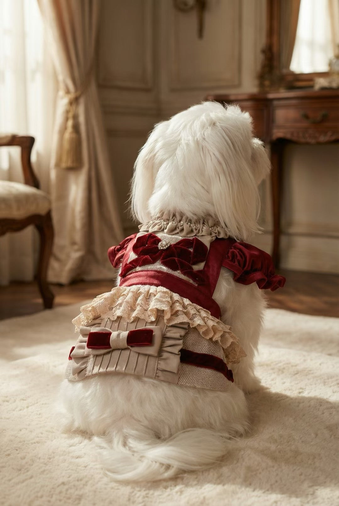 엘사밀루 버건디 벨벳 로맨스 애완동물 드레스 – 소형견과 고양이를 위한 우아한 겨울 의상