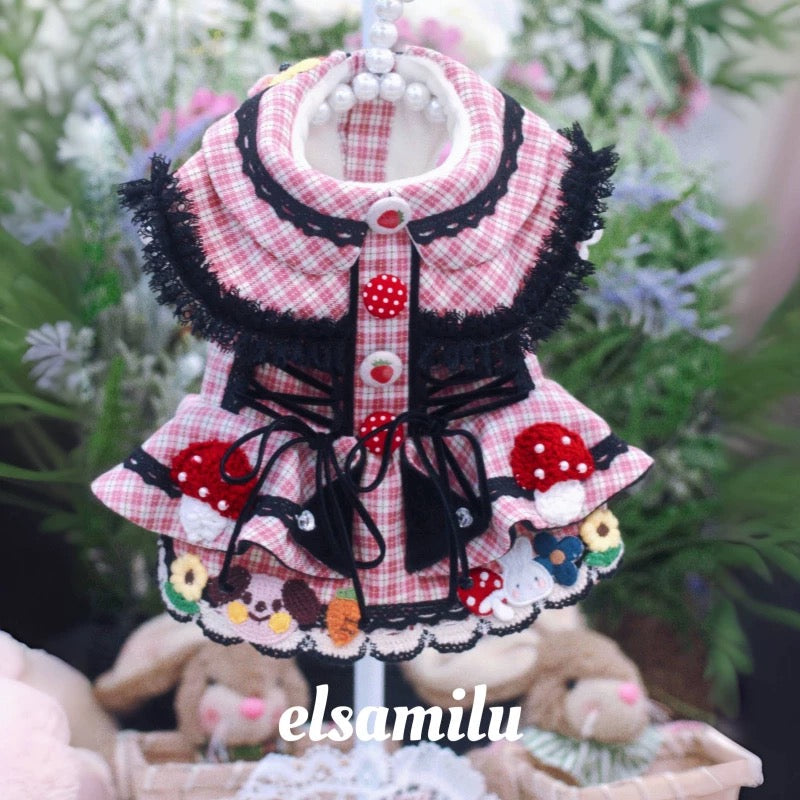 Elsamilu Fairy Tale Pink Check Plaid Pet Coat Dress β Winter Outfit for Small Dogs & Cats