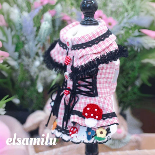 Elsamilu Fairy Tale Pink Check Plaid Pet Coat Dress – Winter Outfit for Small Dogs & Cats