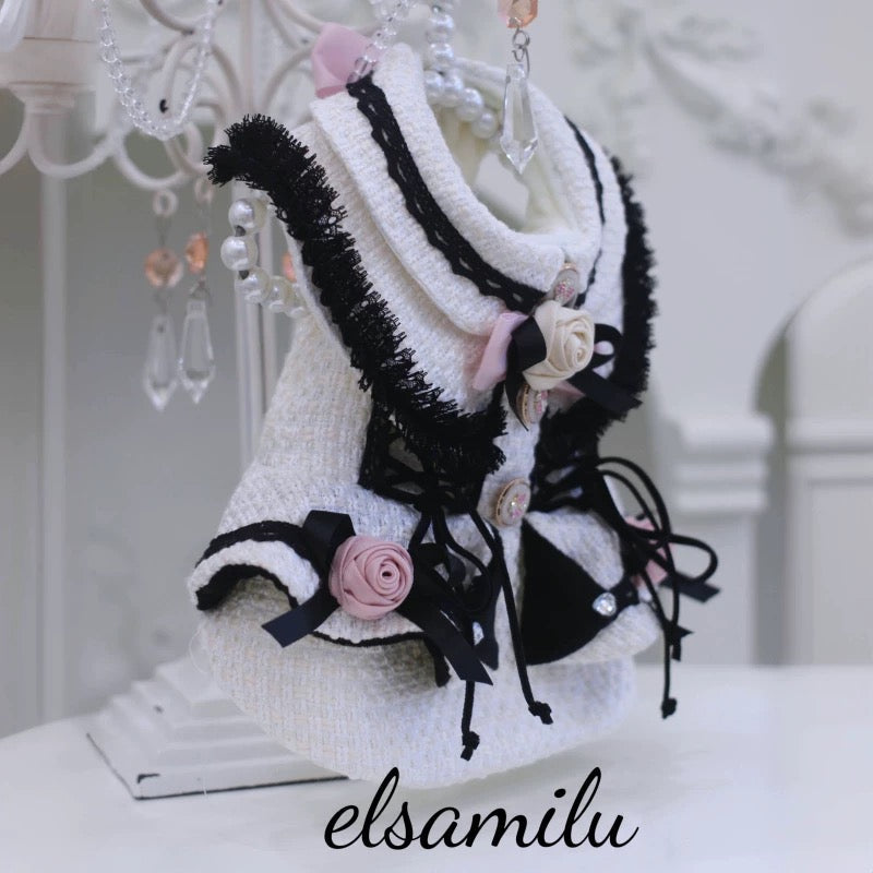 Elsamilu Fairy Rose Motif Tweed Pet Dress β Elegant Winter Outfit for Small Dogs & Cats