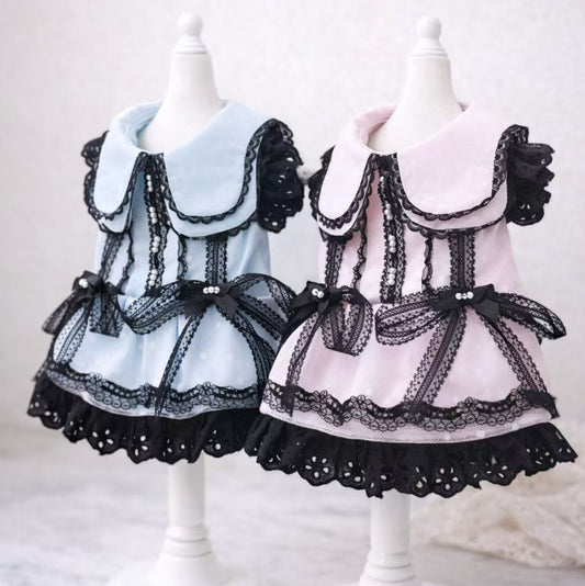 Elsamilu Gothic Lace Flutter Sleeve Pet Dress – Pink & Blue Romantic Outfit for Small Dogs & Cats