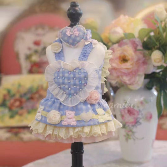 Elsamilu Lovely Heart Romantic Pet Dress Set – Blue Lace Outfit with Necklace for Small Dogs & Cats