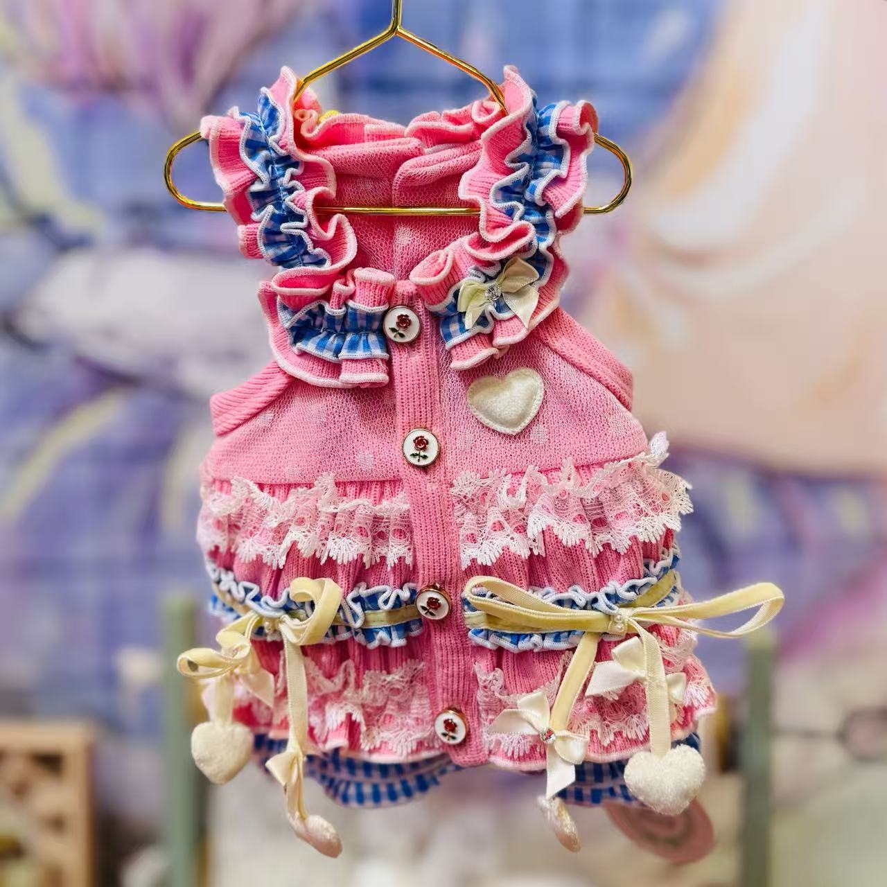 Elsamilu Elsamilu Pink & Blue Frill Heart Pet Dress – Lace & Bow Outfit for Small Dogs & Cats