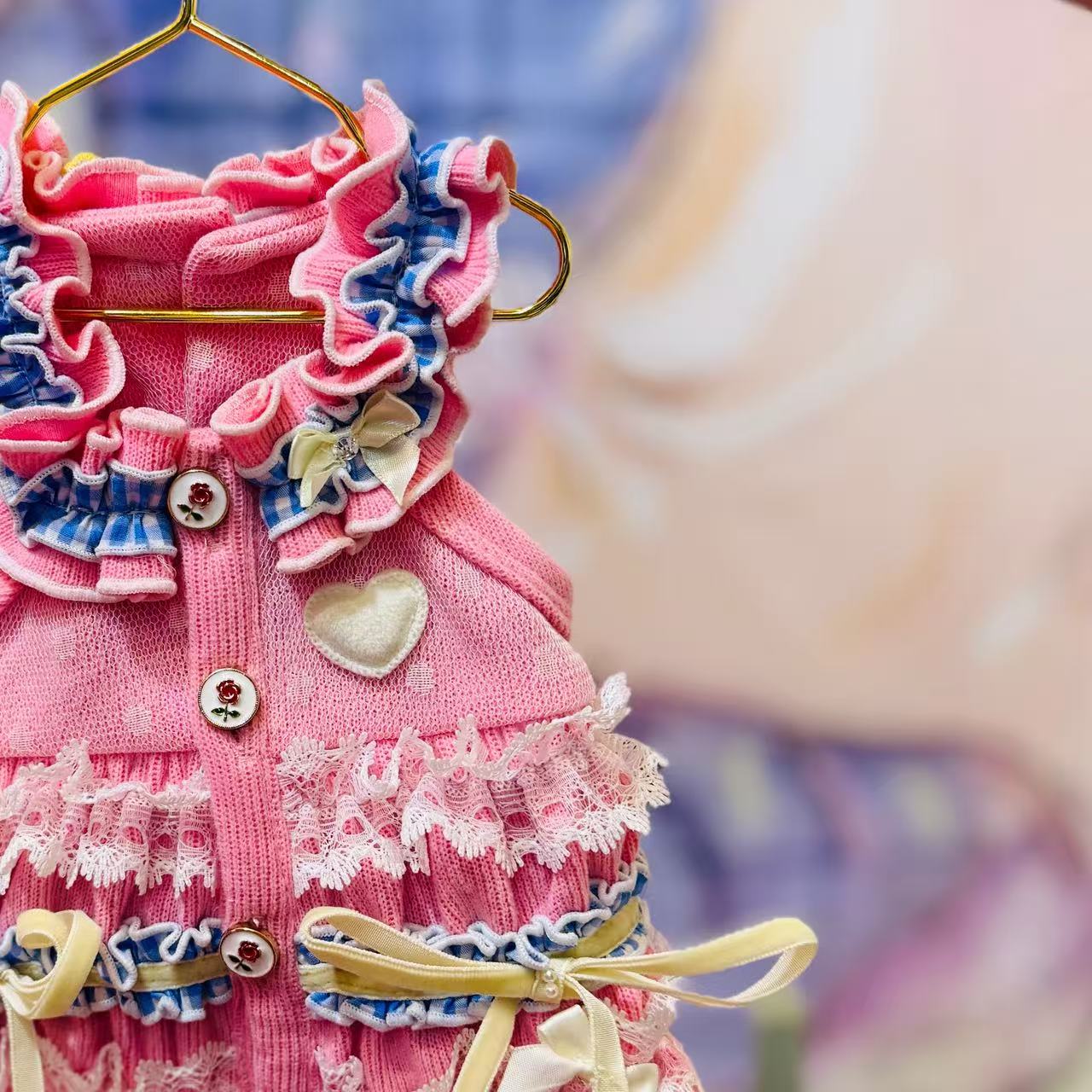 Elsamilu Elsamilu Pink & Blue Frill Heart Pet Dress – Lace & Bow Outfit for Small Dogs & Cats