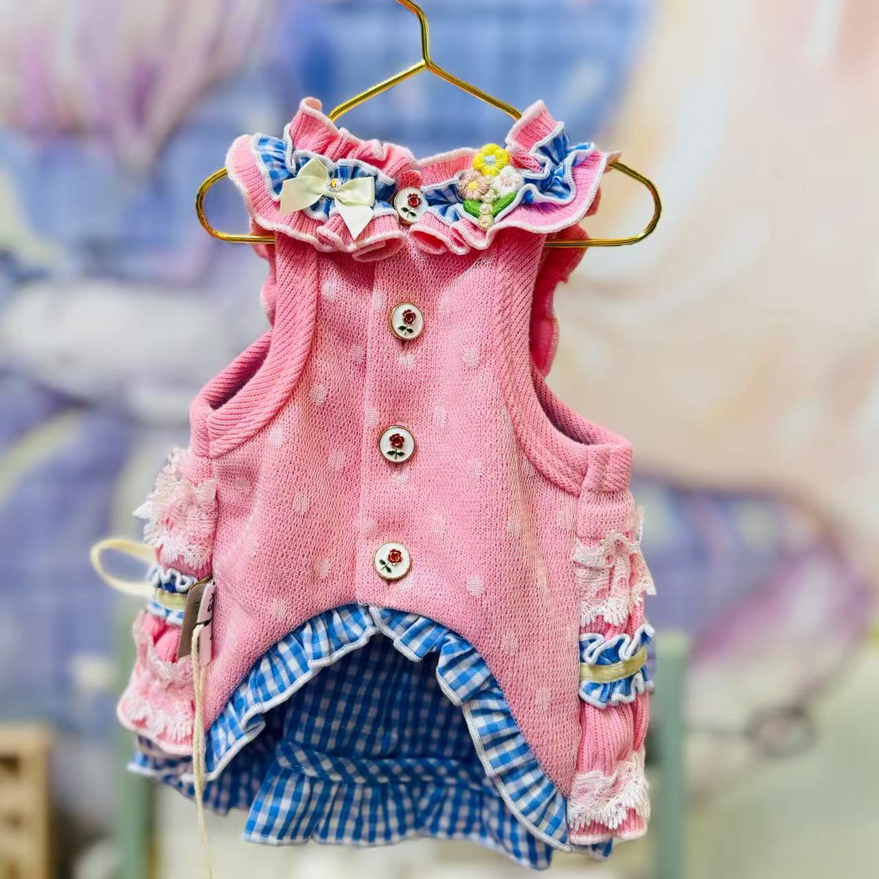 Elsamilu Elsamilu Pink & Blue Frill Heart Pet Dress – Lace & Bow Outfit for Small Dogs & Cats