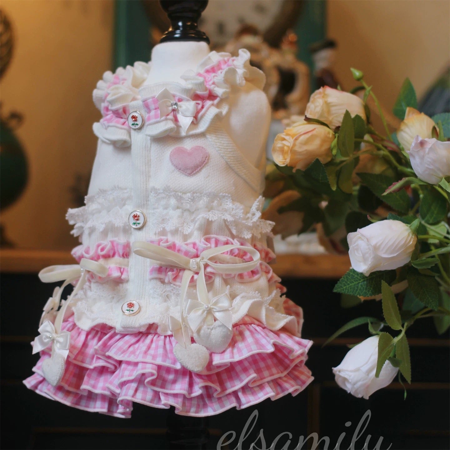 Elsamilu White & Pink Ruffle Pet Dress – Heart & Bow Design Outfit for Small Dogs & Cats