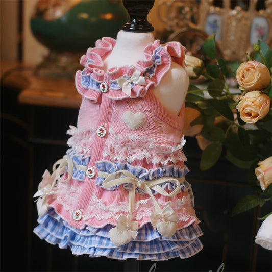 Elsamilu Elsamilu Pink & Blue Frill Heart Pet Dress – Lace & Bow Outfit for Small Dogs & Cats