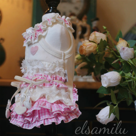 Elsamilu White & Pink Ruffle Pet Dress – Heart & Bow Design Outfit for Small Dogs & Cats