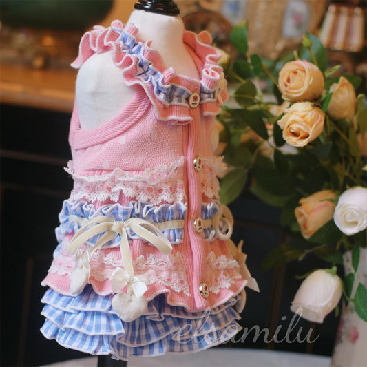 Elsamilu Elsamilu Pink & Blue Frill Heart Pet Dress – Lace & Bow Outfit for Small Dogs & Cats