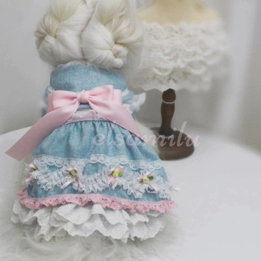Elsamilu Romantic Blue Lace Bow Pet Dress – Elegant Outfit for Small Dogs & Cats