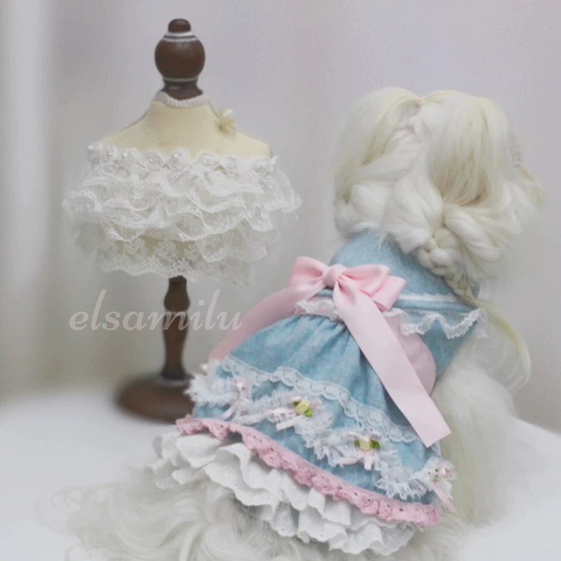 Elsamilu Romantic Blue Lace Bow Pet Dress – Elegant Outfit for Small Dogs & Cats