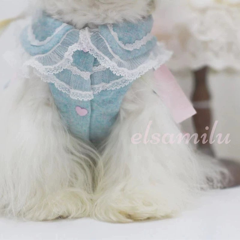 Elsamilu Romantic Blue Lace Bow Pet Dress – Elegant Outfit for Small Dogs & Cats
