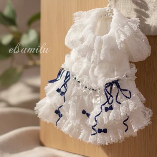 Elsamilu Lace Blossom Ruffle Pet Dress – Elegant Floral Outfit for Small Dogs & Cats