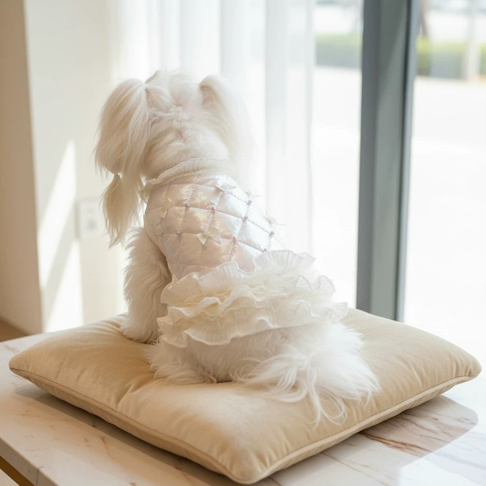 Elsamilu Pearl Bow Quilted Pet Dress – Elegant Winter Outfit for Small Dogs & Cats