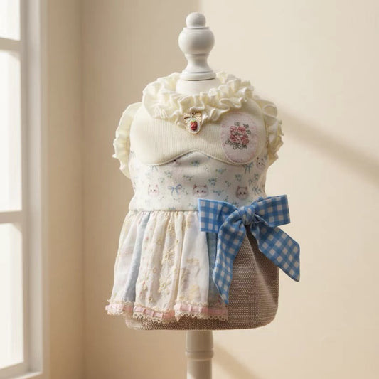 Elsamilu Patchwork Kitty Garden Pet Dress – Blue Cute Outfit for Small Dogs & Cats