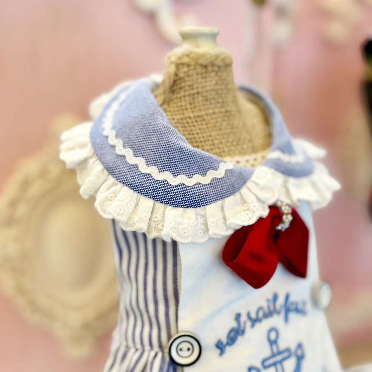 TaniWina Lovely Penguin's Sailor Dress for Small Dog- Nautical Stripe Embroidery
