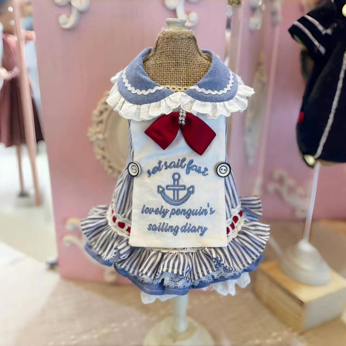 TaniWina Lovely Penguin's Sailor Dress for Small Dog- Nautical Stripe Embroidery