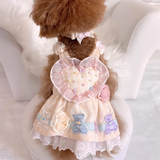 Elsamilu Lovely Heart Romantic Pet Dress Set – Beige Lace Outfit with Necklace for Small Dogs & Cats