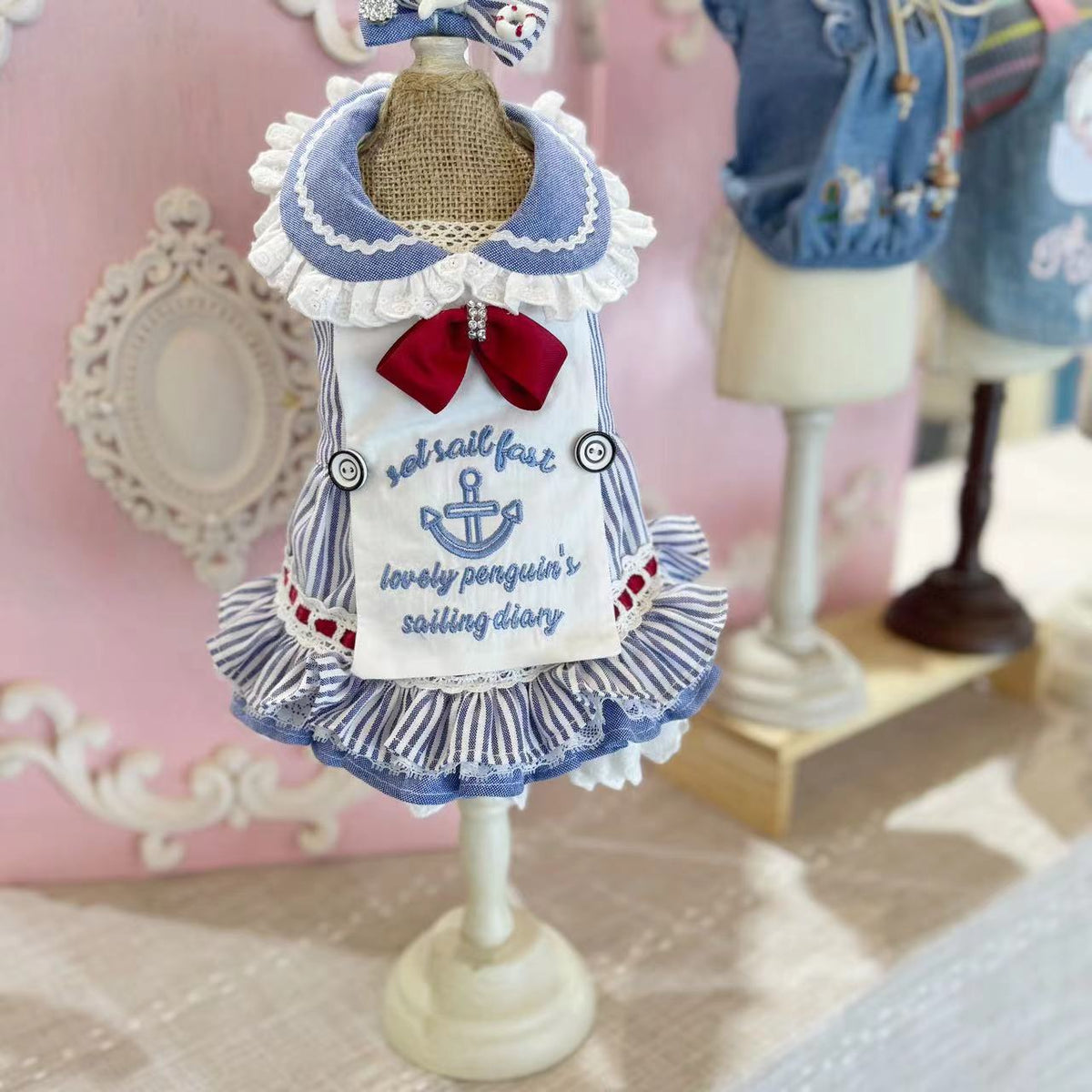 TaniWina Lovely Penguin's Sailor Dress for Small Dog- Nautical Stripe Embroidery
