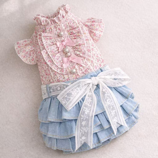Elsamilu Pink Floral Docking Denim Pet Dress – Sweet Vintage Style Outfit for Small Dogs & Cats