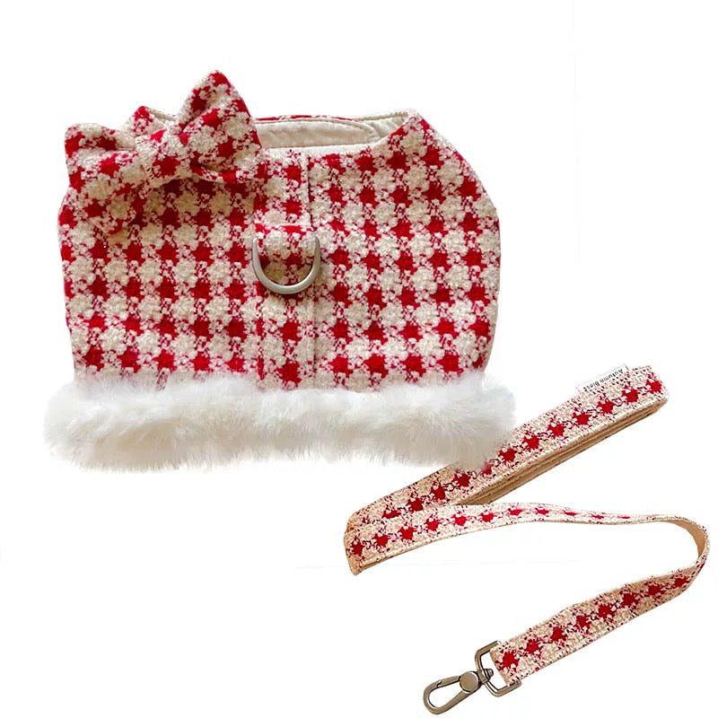 Autumn Bless クリスマススノーハウンドトゥースふわもこハーネス（Dリング付き）| Christmas Snowy Houndstooth Fur Harness – D-Ring Design