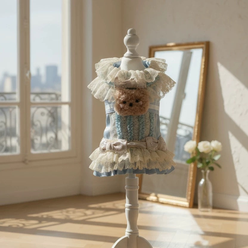 Elsamilu Lovely Bear Romantic Pet Dress – Blue Lace Outfit for Small Dogs & Cats