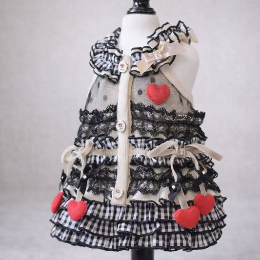 Elsamilu Mocha Black Ruffle Pet Dress – Heart & Cherry Design Outfit for Small Dogs & Cats