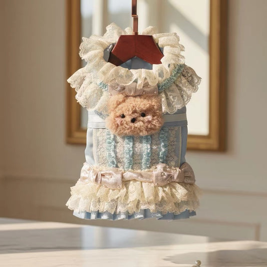 Elsamilu Lovely Bear Romantic Pet Dress – Blue Lace Outfit for Small Dogs & Cats