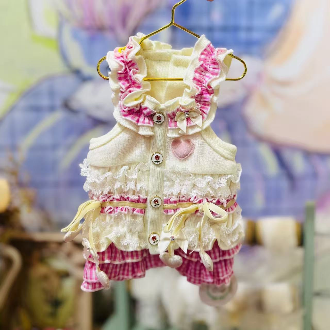 Elsamilu White & Pink Ruffle Pet Dress – Heart & Bow Design Outfit for Small Dogs & Cats