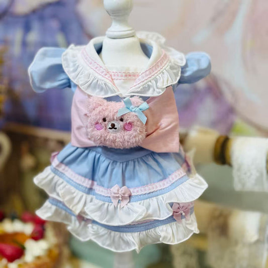 Elsamilu Girly Sailor Ribbon Pet Dress – Cute Outfit with Plush Bow for Small Dogs & Cats