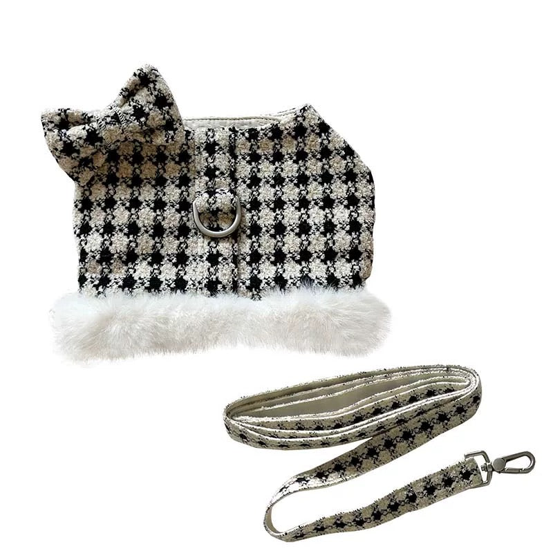 Autumn Bless クリスマススノーハウンドトゥースふわもこハーネス（Dリング付き）| Christmas Snowy Houndstooth Fur Harness – D-Ring Design