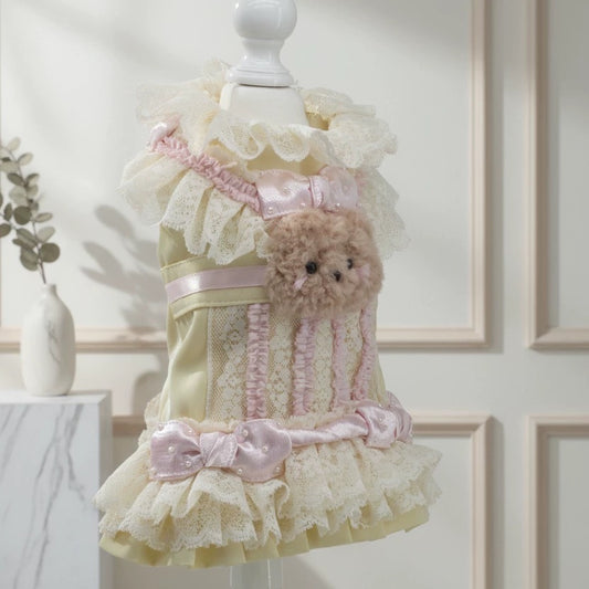Elsamilu Lovely Bear Pastel Pet Dress – Yellow Cute Outfit for Small Dogs & Cats