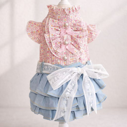 Elsamilu Pink Floral Docking Denim Pet Dress – Sweet Vintage Style Outfit for Small Dogs & Cats