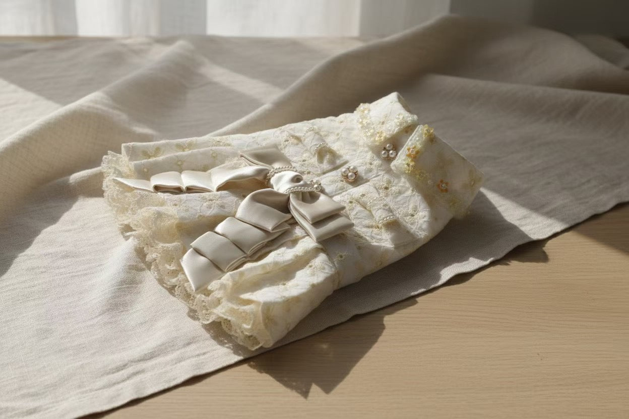 Elsamilu Elegant Tweed Pet Dress with Pearl Bow – Classic Winter Outfit for Small Dogs & Cats