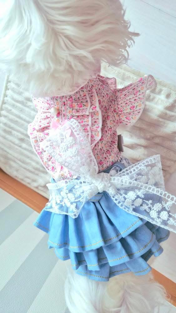 Elsamilu Pink Floral Docking Denim Pet Dress – Sweet Vintage Style Outfit for Small Dogs & Cats
