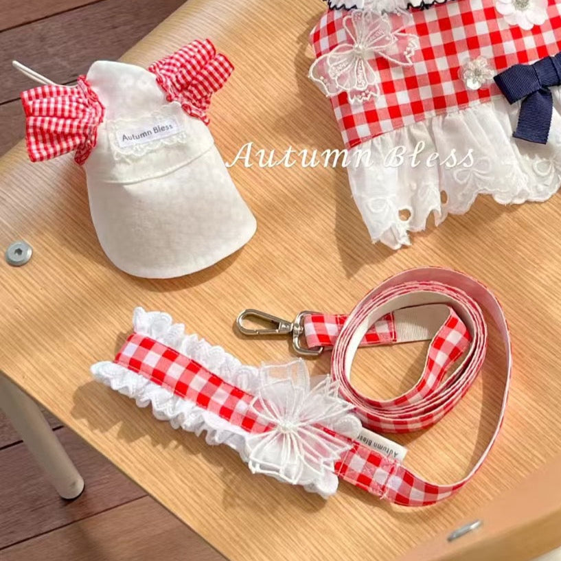 Autumn Bless チェックリボンキャップ＆レースリード | Checkered Ribbon Cap & Lace Leash