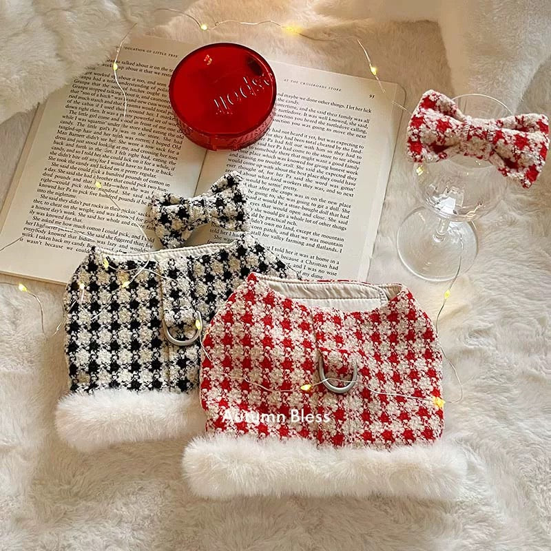 Autumn Bless クリスマススノーハウンドトゥースふわもこハーネス（Dリング付き）| Christmas Snowy Houndstooth Fur Harness – D-Ring Design