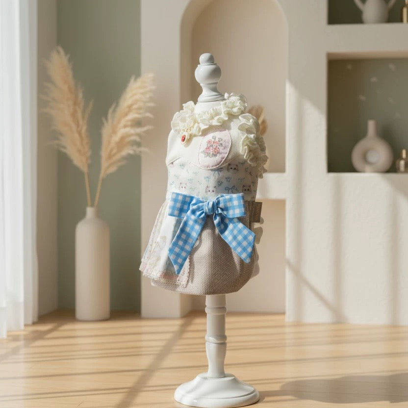 Elsamilu Patchwork Kitty Garden Pet Dress – Blue Cute Outfit for Small Dogs & Cats