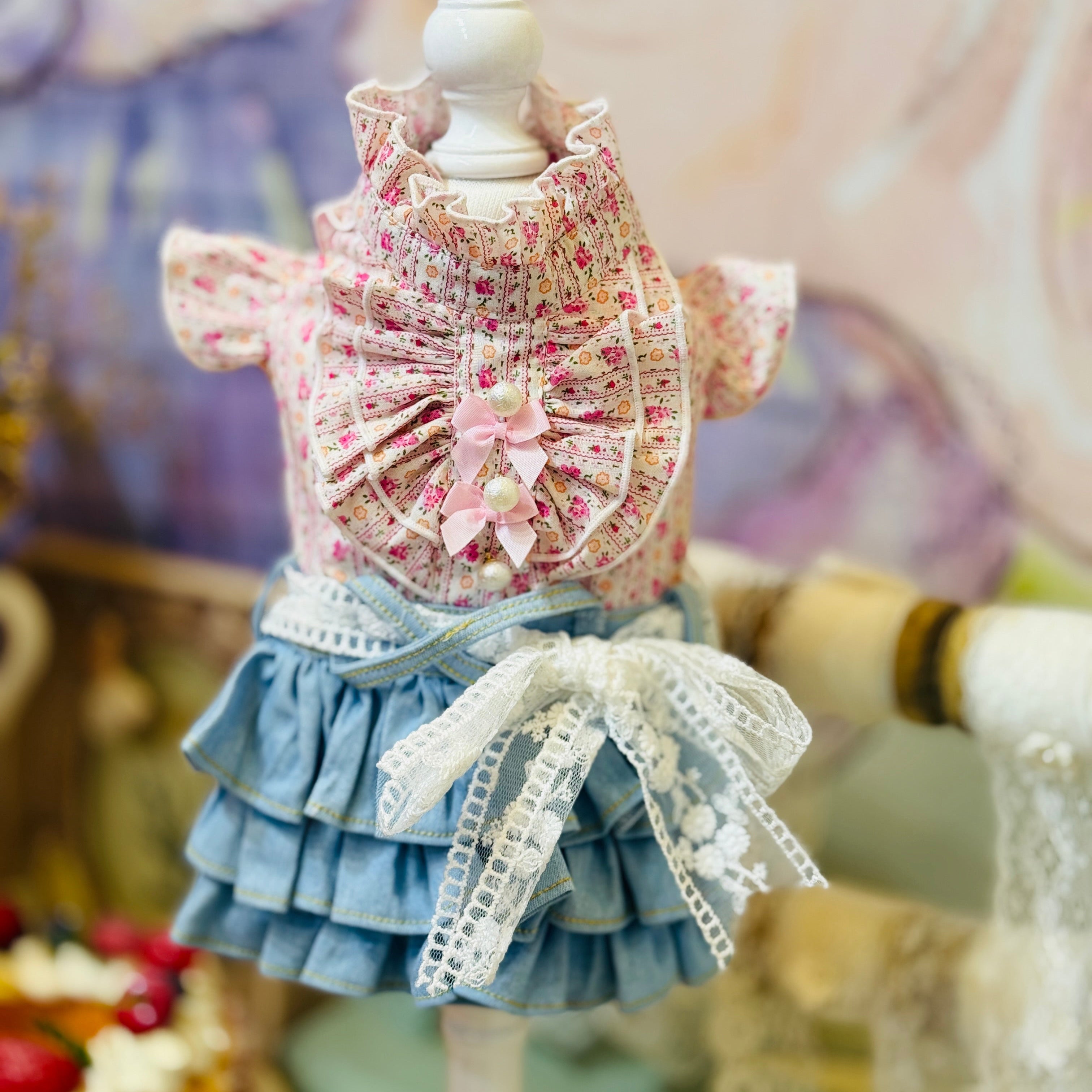 Elsamilu ピンク花柄ドッキングデニムワンピース｜小型犬・猫用ペット服