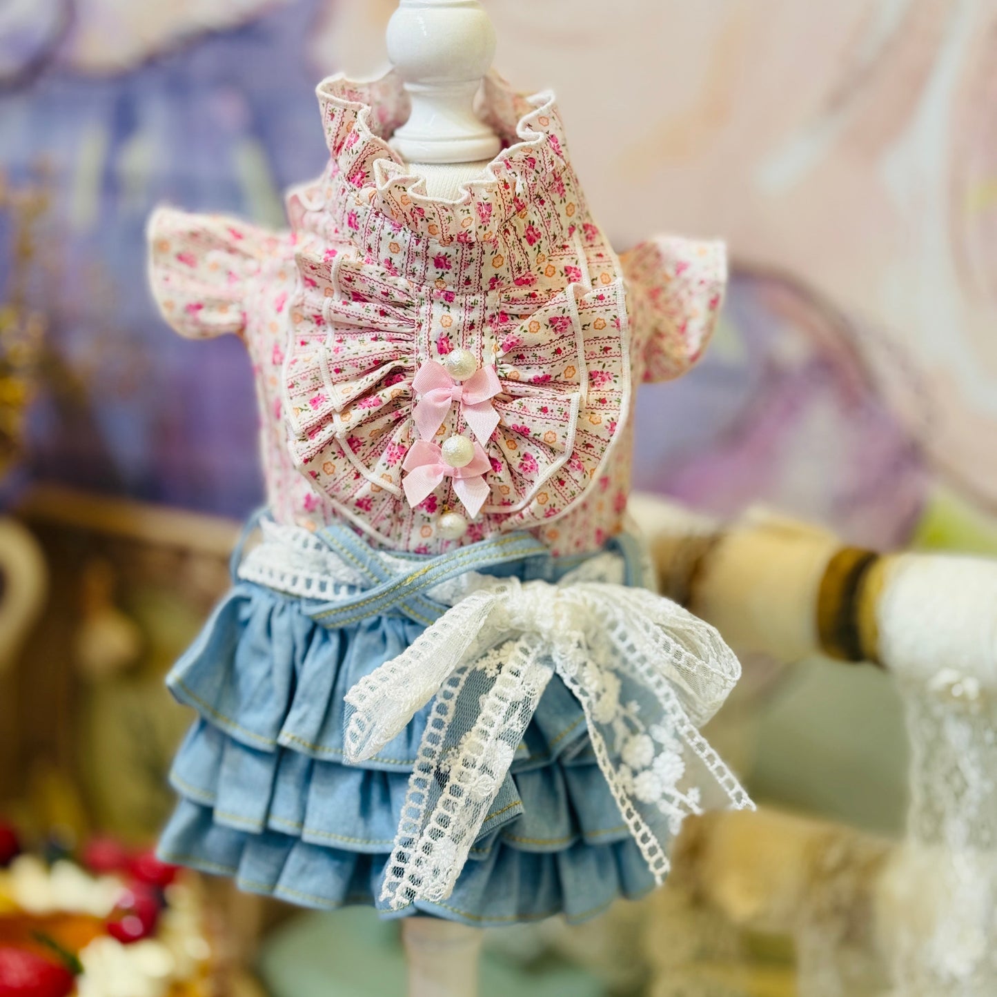 Elsamilu Pink Floral Docking Denim Pet Dress – Sweet Vintage Style Outfit for Small Dogs & Cats